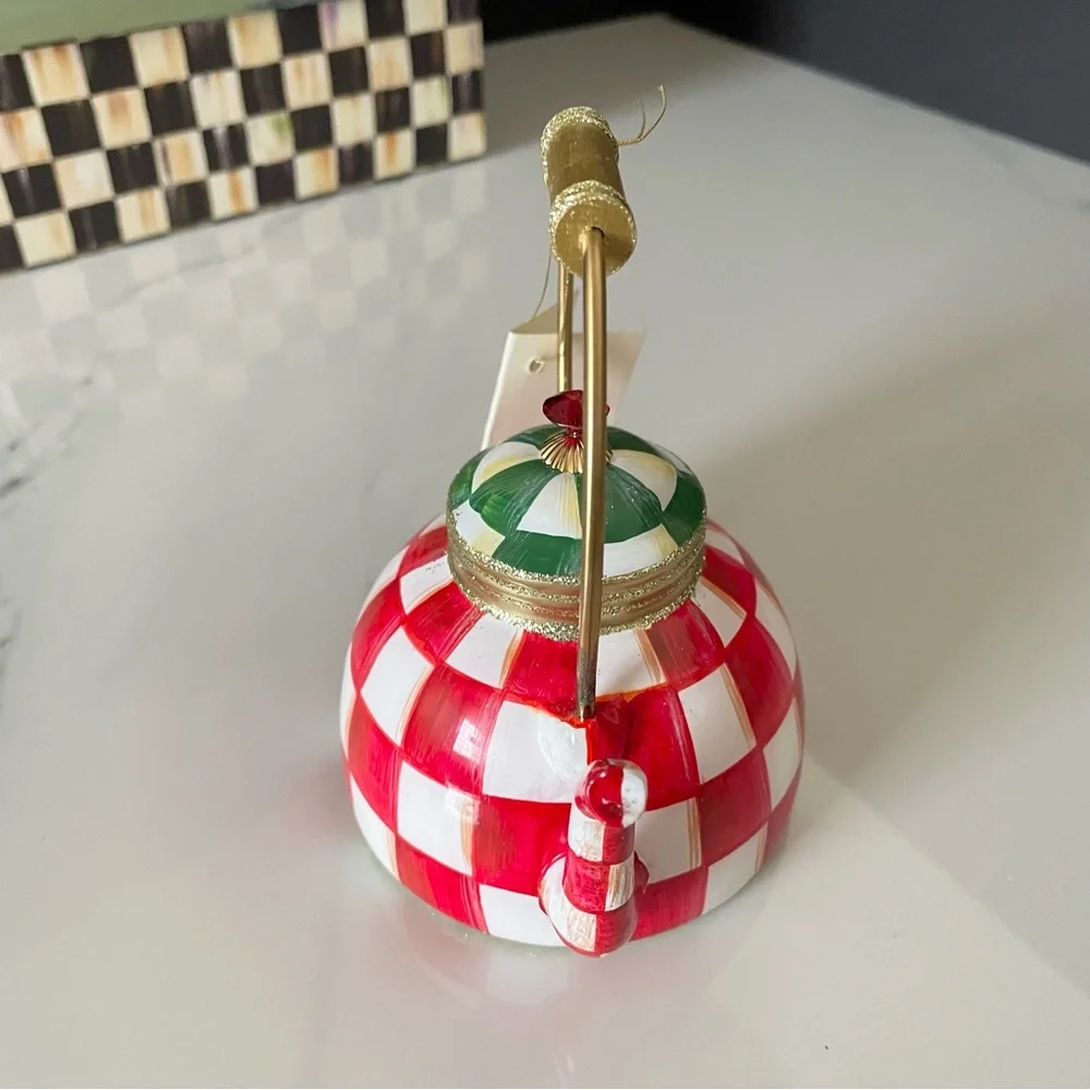 Red Check It Out Tea Kettle Ornament by Mackenzie Childs